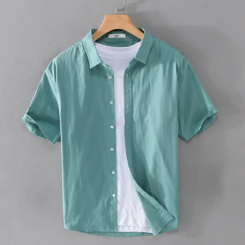 Men Summer Oxford Cotton Short Sleeve Shirt Casual Vintage Solid Color Turn-down Collar Button Down Minimalist Top