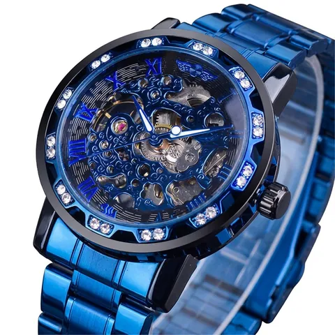 Men Luxury Skeleton Mechanical Watch Rhinestone Bezel Inlaid Alloy Band Roman Numerals Analog Wristwatch Business Casual Gift