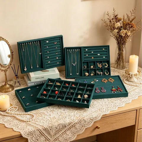 Dunkelgrünes Samt Schmuck Display Tablett Holzrahmen Organizer Für Halskette Ring Ohrring Armband Aufbewahrung Vitrine