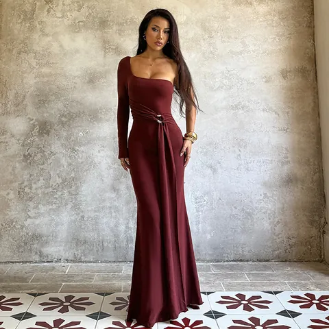Robe De Soirée Maxi À Une Épaule Manches Longues Dos Nu Ajustée Polyester Élasthanne Élégante Femme