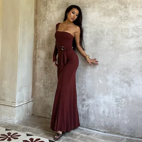 Robe De Soirée Maxi À Une Épaule Manches Longues Dos Nu Ajustée Polyester Élasthanne Élégante Femme