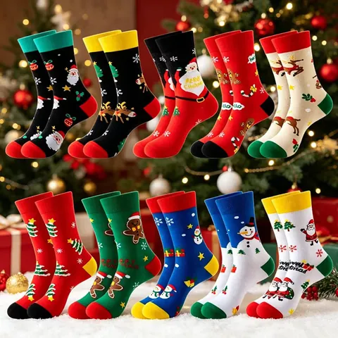 Christmas Socks Cotton Blend Soft Breathable Mid-Calf Crew Socks For Xmas Party Holiday Cartoon Santa Reindeer Novelty