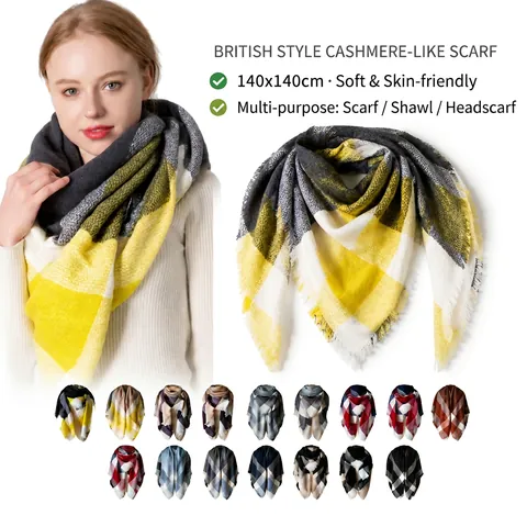 Dames Grote Geblokte Vierkante Sjaal Elegante Kwastjes Herfst Winter Warm Oversized Acryl Omslagdoek Zachte Geblokte Wrap