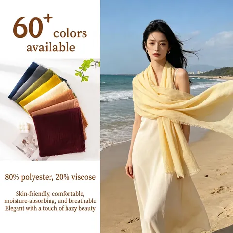 Bufanda Minimalista de Poliéster Arrugado para Mujer Mantón Largo Color Sólido con Borlas Ligera Protección Solar para Playa Verano