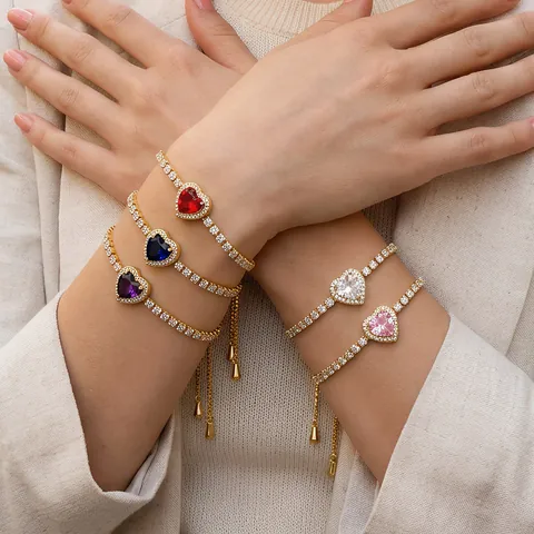 Women Copper Heart Zirconia Bracelet Gold Plated Adjustable Slider Tennis Chain Heart Shaped Gemstone Bracelet Jewelry Gift
