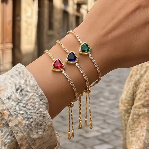 Women Copper Heart Zirconia Bracelet Gold Plated Adjustable Slider Tennis Chain Heart Shaped Gemstone Bracelet Jewelry Gift