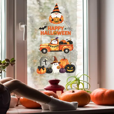 Adesivi per Finestre Statici UV Halloween Gatto Zucca Fantasma Decalcomanie in PVC per Casa Negozio Decorazione Cartone Animato