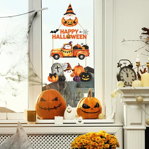 Adesivi per Finestre Statici UV Halloween Gatto Zucca Fantasma Decalcomanie in PVC per Casa Negozio Decorazione Cartone Animato