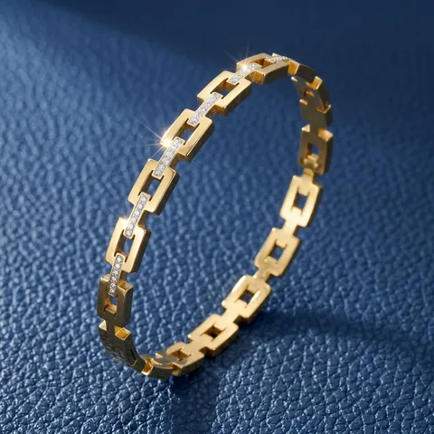 Stainless Steel Bangle Bracelet For Women Rectangular Link Geometric Cubic Zirconia Pavé High Polished Trendy Jewelry