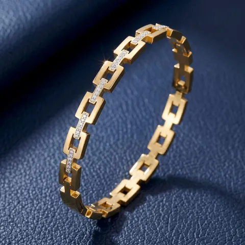 Bracciale Rigido Con Cerniera In Acciaio Inossidabile Maglie Geometriche Rettangolari Con Zircone Intarsiato Moda Lusso