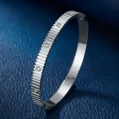 Edelstahl Strass Armreif Armband Für Damen Gestreiftes Gerilltes Design Industriestil Modeschmuck