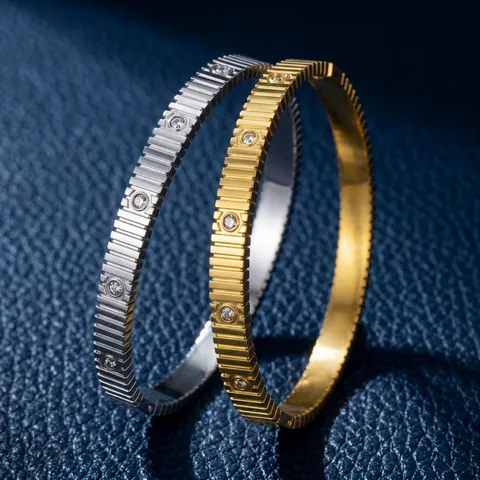 Brazalete De Acero Inoxidable Para Mujer Con Textura De Rayas Y Strass Joyería Geométrica De Estilo Industrial