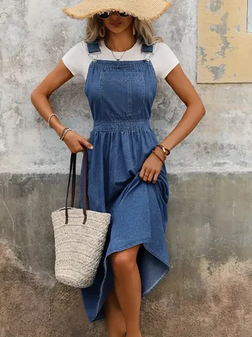 Γυναικείο Denim Φόρεμα με Τιράντες σε Μεγάλα Μεγέθη Casual Preppy Στυλ Πλυμένο Μπλε Midi Φόρεμα με Μεγάλη Τσέπη Αμάνικο