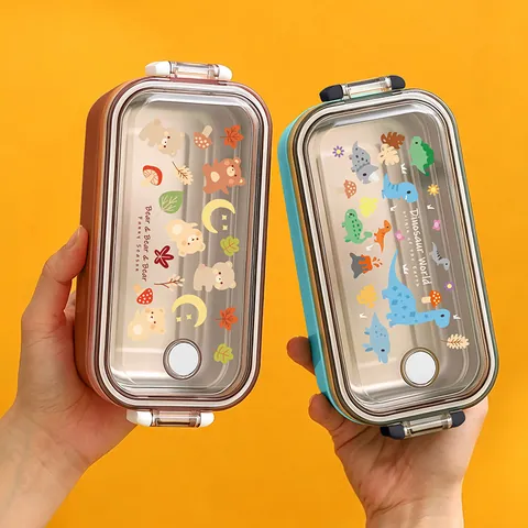 304 Stainless Steel Lunch Box For Kids Student Portable Double Layer Bento Box With Cartoon Dinosaur Pattern Leak Proof Container
