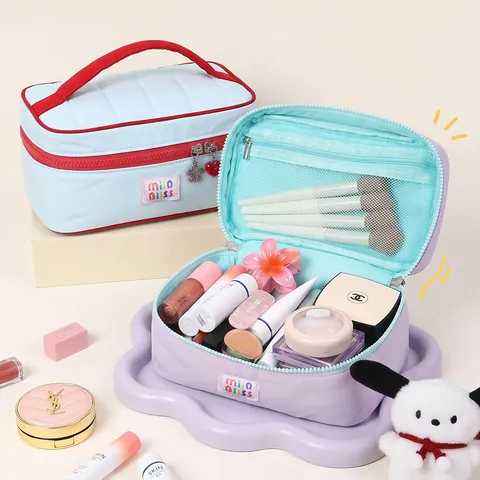 Grande Borsa Da Trucco Trapuntata Colore A Contrasto Nylon Beauty Case Da Viaggio Organizzatore Per Cosmetici Portatile