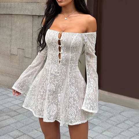 Women White Lace Mini Dress Off Shoulder Flare Long Sleeve Button Front Slim Fit French Retro Sexy Party Style