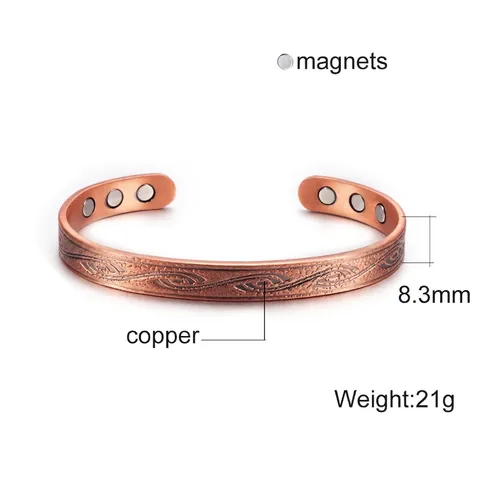 Red Copper Magnetic Therapy Bracelet Adjustable Open Cuff Engraved Texture Vintage Healing Jewelry Gift Accessory