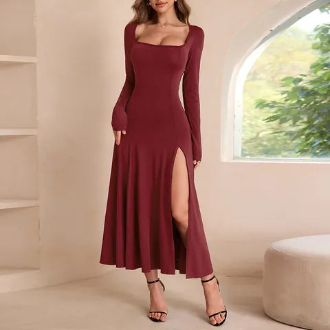 Robe Femme Manches Longues Polyester Spandex Col Carré Fente Haute Coupe Ajustée Midi Moulante Élégante Noir