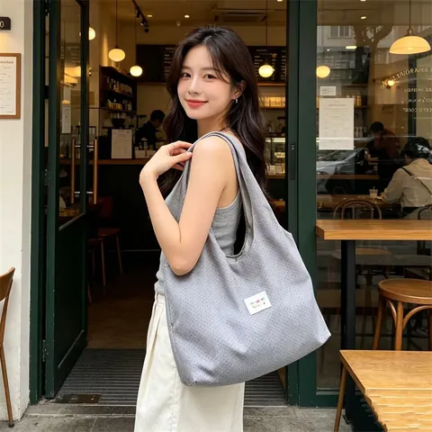 Borsa Tote In Tela Grande Donna Stampa Cuore Pois Stile Coreano Casual Borsa A Spalla Con Tasca Interna