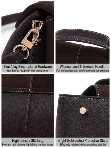 Women Retro Frosted Genuine Leather Handbag Contrast Stitching Large Capacity Shoulder Bag Suede Patchwork Commute Bag Adjustable Strap