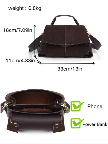 Women Retro Frosted Genuine Leather Handbag Contrast Stitching Large Capacity Shoulder Bag Suede Patchwork Commute Bag Adjustable Strap
