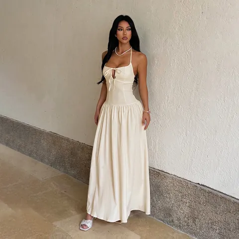Vestito Maxi Halter Donna Poliestere Spandex Intaglio Lacci Schiena Scoperta Sexy Vintage Francese Vita Alta Linea A Senza Maniche