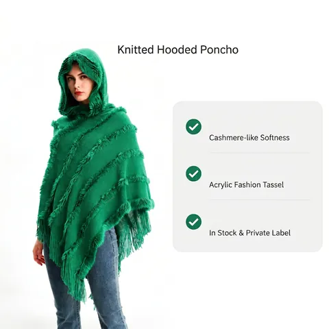 Women Hooded Knitted Poncho Shawl With Faux Fur Trim And Tassels Acrylic Solid Color Warm Winter Wrap Cape Outwear