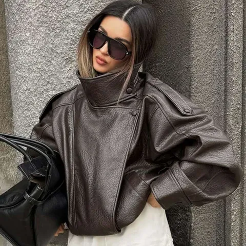 Women's Vintage Faux Leather Jacket Stand Collar Lychee Grain Long Sleeve Outerwear Fashion Cropped Streetwear Biker Coat