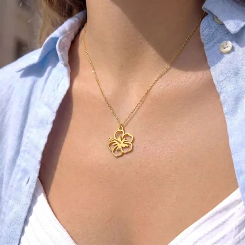 Hohl Hibiskus Blume Anhänger Halskette Edelstahl 18K Vergoldet Wasserfest Anlauffrei Schmuck Für Damen
