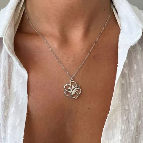 Hohl Hibiskus Blume Anhänger Halskette Edelstahl 18K Vergoldet Wasserfest Anlauffrei Schmuck Für Damen