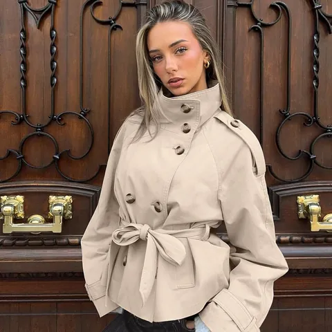 Women Double Breasted Short Trench Coat With Belt Stand Collar Long Sleeve Solid Color British Style Windbreaker Jacket