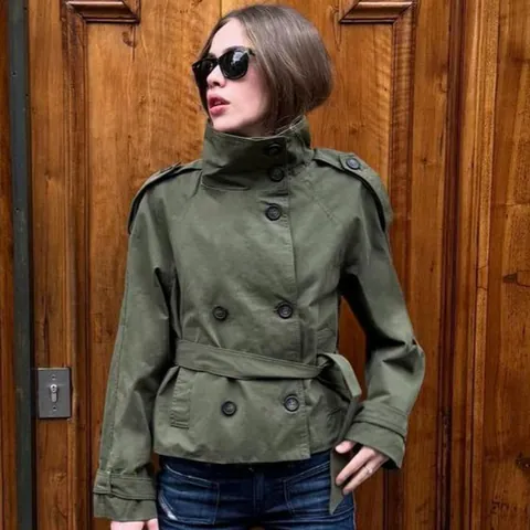 Women Double Breasted Short Trench Coat With Belt Stand Collar Long Sleeve Solid Color British Style Windbreaker Jacket