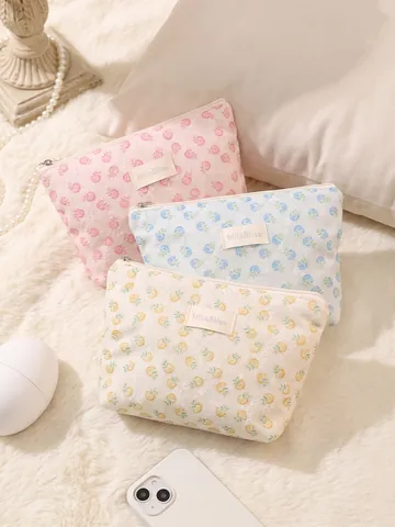 Floral Lace Makeup Bag Polyester Mesh Pouch Zippered Cosmetic Organizer Portable Travel Wash Bag Elegant Style For Women