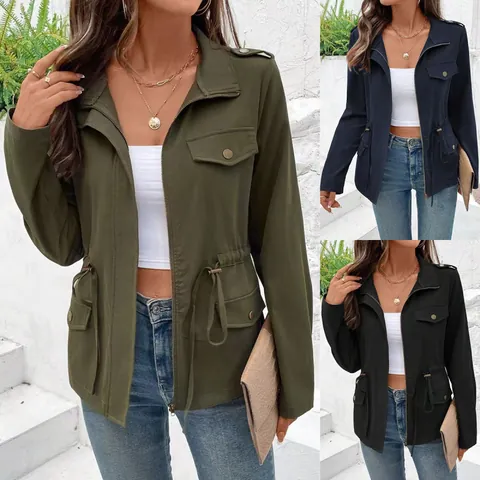 Giacca da Donna Casual in Poliestere a Maniche Lunghe con Coulisse in Vita e Tasche Cargo Collo Alto Cappotto Tinta Unita