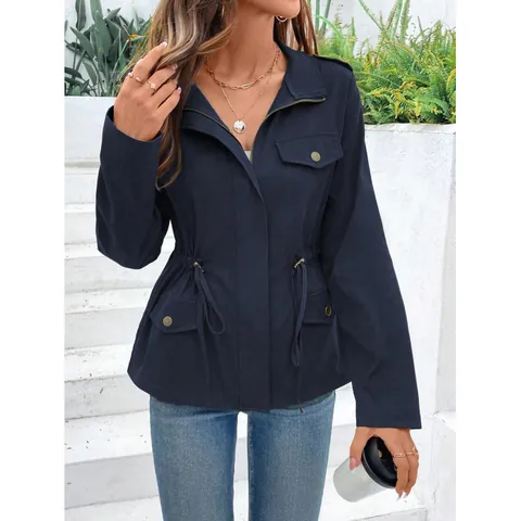 Giacca da Donna Casual in Poliestere a Maniche Lunghe con Coulisse in Vita e Tasche Cargo Collo Alto Cappotto Tinta Unita