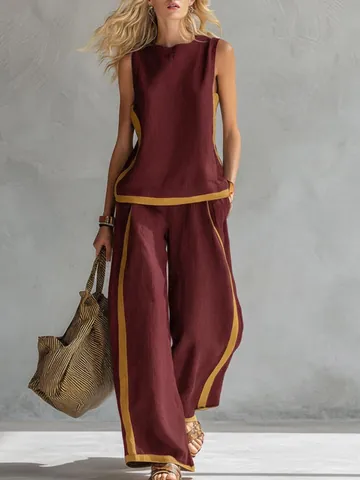 Conjunto de Pantalones de Pierna Ancha Casual Sin Mangas para Mujer Poliéster Color en Contraste Elegante Retro Arriba Y Abajo