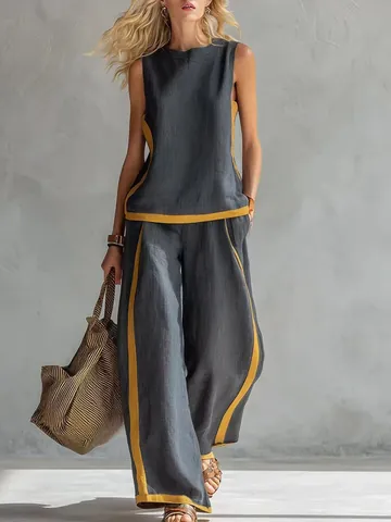 Conjunto de Pantalones de Pierna Ancha Casual Sin Mangas para Mujer Poliéster Color en Contraste Elegante Retro Arriba Y Abajo