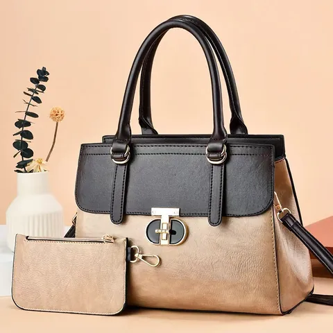 Ensemble de 2 Sacs à Main pour Femmes Couleur Contrastée en Cuir PU Texturé Sac à Bandoulière Avec Fermoir en T Sacs Fourre-Tout