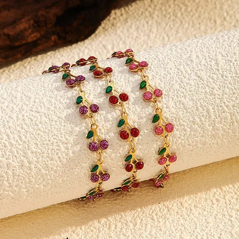 Stainless Steel Cherry Charm Bracelet 18K Gold Plated Glitter Fruit Bracelet For Women Cute Sweet Fashion Jewelry Adjustable Chain