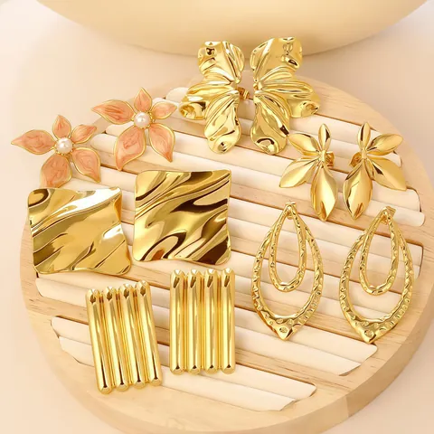 Orecchini in Acciaio Inossidabile Geometrici Esagerati Placcati Oro Irregolari Fiore Foglia Stella Marina Perla Artificiale Smalto Donna