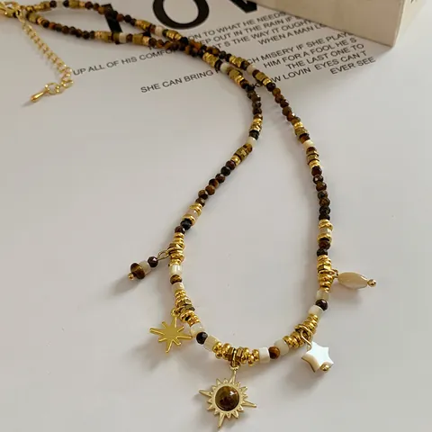 Collana con Pendente a Forma di Stella e Girasole Stile Maillard Boémien Pietra Occhio di Tigre Girocollo Vintage Donna Gioielli