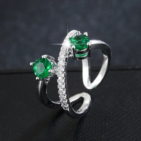Fashion Copper Open Ring For Women Cross Wrapped Design Green Zirconia Elegant Gold Plated Adjustable Finger Ring Jewelry