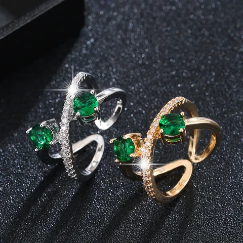 Fashion Copper Open Ring For Women Cross Wrapped Design Green Zirconia Elegant Gold Plated Adjustable Finger Ring Jewelry
