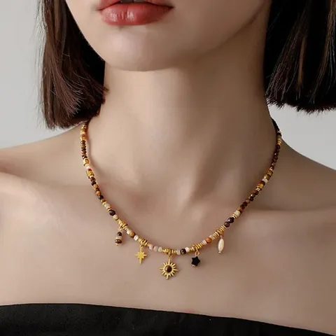 Collana con Pendente a Forma di Stella e Girasole Stile Maillard Boémien Pietra Occhio di Tigre Girocollo Vintage Donna Gioielli