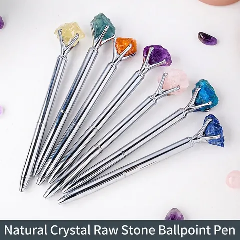 Natural Crystal Raw Stone Metal Ballpoint Pen Creative Silver Gold Signature Pen Office Stationery Writing Gift