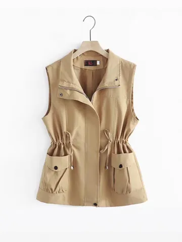 Women Double Layer Slimming Vest Spring Autumn Casual Loose Drawstring Waist Waistcoat Coat For Mom Middle-Aged Cardigan