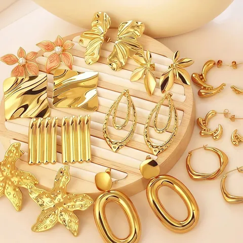 Orecchini in Acciaio Inossidabile Geometrici Esagerati Placcati Oro Irregolari Fiore Foglia Stella Marina Perla Artificiale Smalto Donna