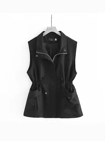 Women Double Layer Slimming Vest Spring Autumn Casual Loose Drawstring Waist Waistcoat Coat For Mom Middle-Aged Cardigan