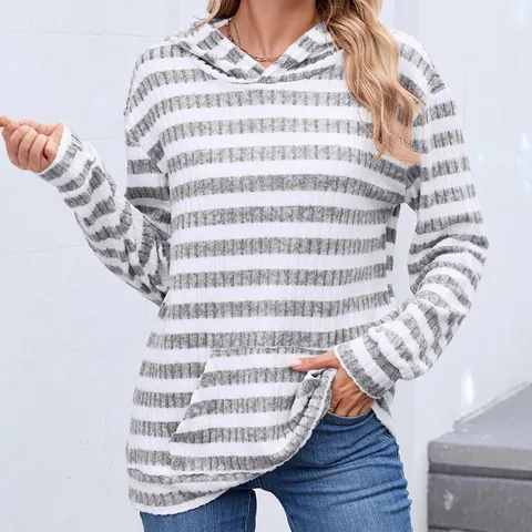 Women Striped Hooded Sweatshirt Loose Long Sleeve Fleece Hoodie Kangaroo Pocket Casual Autumn Winter Pullover Tops
