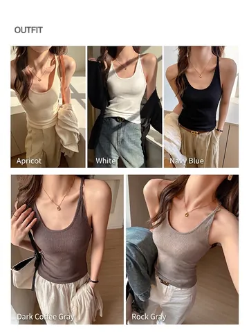 Women's Ribbed Knit Tank Top Slim Fit Spaghetti Strap Camisole Solid Color Basic Sleeveless Top For Summer Inner Wear